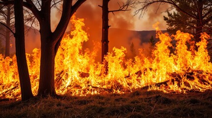 Wildfire raging through forest with trees in the foreground  