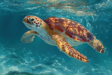 Fototapeta premium Orange and Brown Sea Turtle Gracefully Swimming Underwater in a Vibrant Blue Ocean