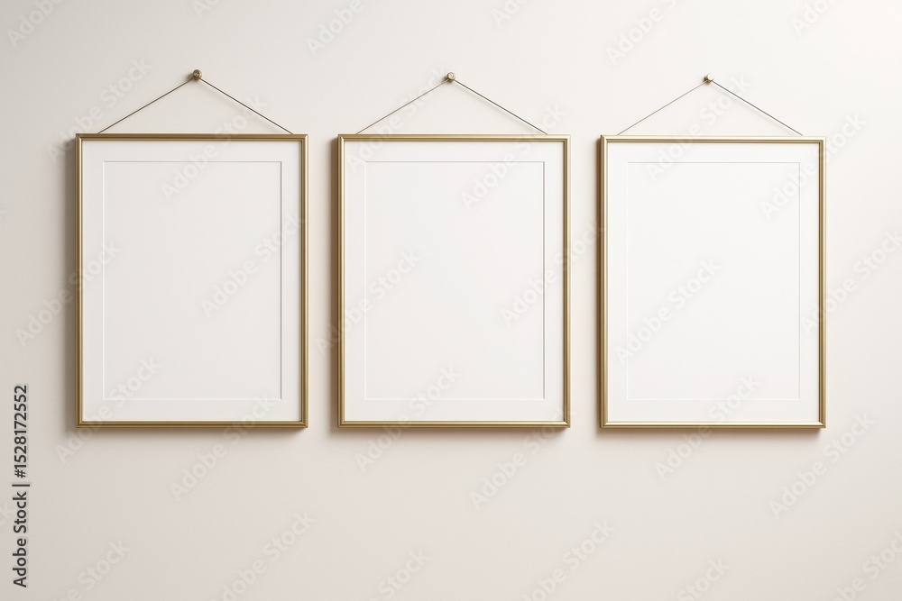 Poster three elegant gold picture frames hanging on beige wall background with blank copy space for creativ