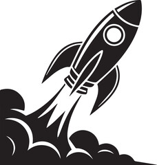Black and White Rocket Launch Illustration Stylized Vector of Space Rocket Lifting Off with Flames and Smoke, Simple Retro Sci-Fi Design