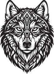 Intricate Tribal Wolf Head Design in Black and White Detailed Symmetrical Animal Art with Geometric and Ornamental Patterns