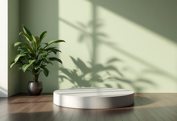 Fototapeta premium Minimalist studio with plant podium and shadows on a light green wall