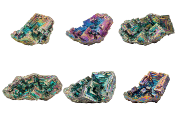 Bismuth Crystal Spectrum: A dazzling array of bismuth crystals, showcasing vibrant iridescent colors and unique geometric formations, offering a glimpse into the wonders of mineral science.
