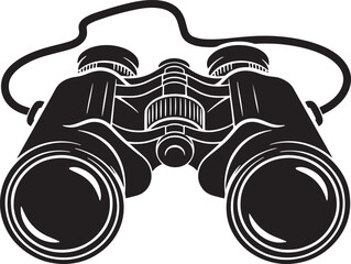  Binoculars vector illustration. Black and white graphic icon of field glasses for observation and exploration. Isolated on a white background, a symbol of travel, search, and discovery
