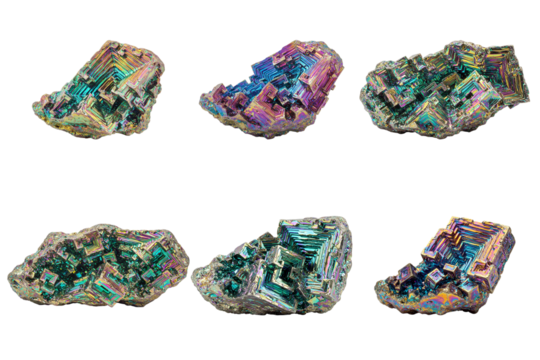 Bismuth Crystal Spectrum: A dazzling array of bismuth crystals, showcasing vibrant iridescent colors and unique geometric formations, offering a glimpse into the wonders of mineral science.
