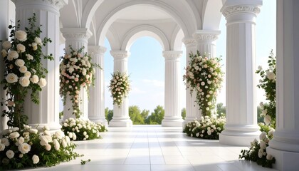Elegant architecture featuring white columns adorned with flower arrangements