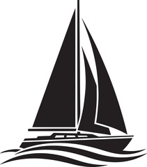 Black and White Sailboat Silhouette Vector Stylized Sailing Boat on Ocean Waves Icon with Triangular Sails and Nautical Theme