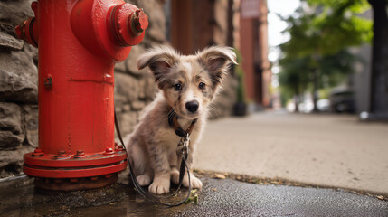 Adorable Fluffy Puppy Sits Next to Bright Red Fire Hydrant on a City Sidewalk Looking Curious and Playful. Image made using Generative AI.