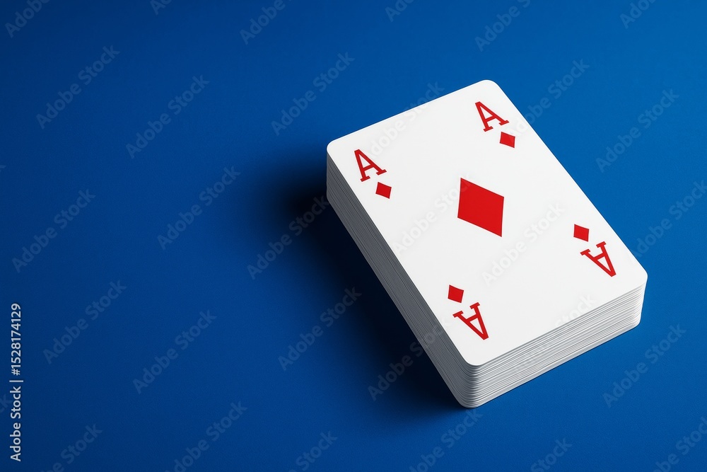 Poster stack of ace of diamonds playing cards on blue background, symbolizing casino game hobby and abstrac