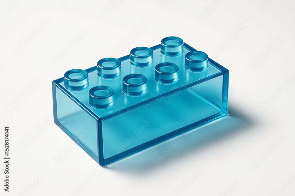 Poster transparent blue building block with eight studs placed on white background, minimal light reflectio