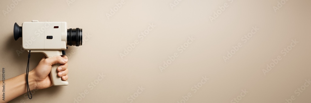 Poster Vintage camera held by hand on beige background with copy space, ideal for creative hobby or design template concepts. Ai generative.
