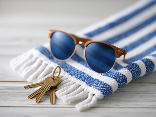 Stylish blue sunglasses resting on white and blue striped towel with a keyring featuring multiple keys creating a vibrant summer vacation ambiance at a cozy beach getaway