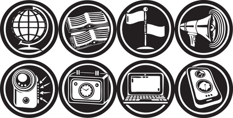 Black and white vector illustration set of keys, gold rings, and four wheels icons