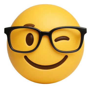 Naklejki Winking yellow emoji face wearing black glasses with a playful expression on transparent background.