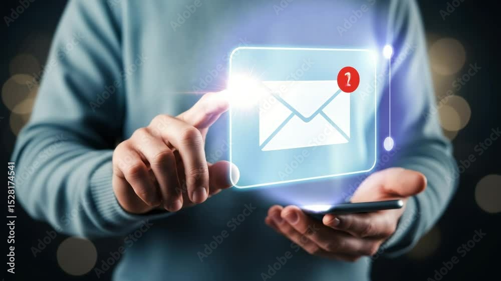 Poster person touching email icon with notification on transparent screen holding smartphone device