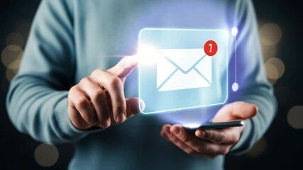 Person touching email icon with notification on transparent screen holding smartphone device