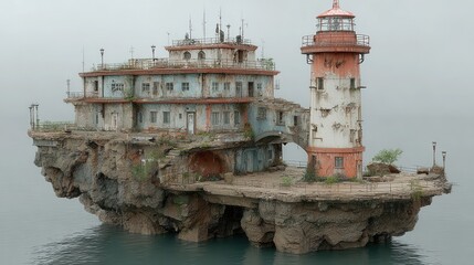 A weathered lighthouse and building perch atop a rocky island in the ocean.
