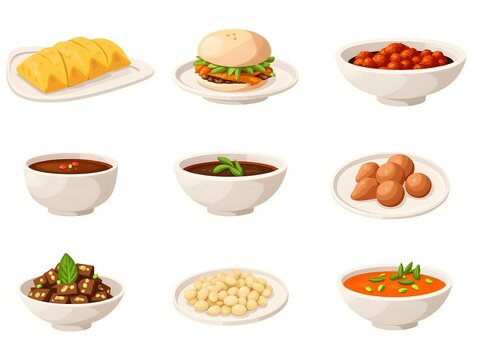 Asian food icons set dishes.