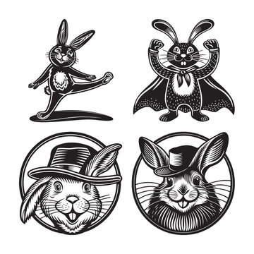 silhouette of two funny rabbitt danceing and two rabbit head set bundle on the white background