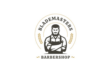 Elegant vintage logo featuring a male barber with a beard, crossed arms, and wheat elements, ideal for barbershop branding. This is a vector illustration