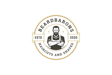 Elegant vintage logo featuring a confident male barber with a beard, crossed arms, and a classic barbershop theme. Includes text elements and a circular emblem. Vector illustration