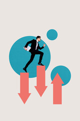 Poster image vertical photo collage of serious businessman run arrow pointer up down recession growth statistics development