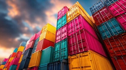 Fototapeta premium Stacked colorful shipping containers await transport under dramatic sky.