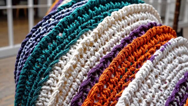 Close-up of multicolored crocheted yarn coils in warm lighting, symbolizing handmade textile craft, cozy creative work, and traditional knitting textures in artisanal detail