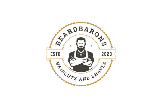 Elegant vintage logo featuring a confident male barber with a beard, crossed arms, and a classic barbershop theme. Includes text elements and a circular emblem. Vector illustration