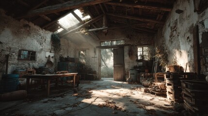 Sunlight streams into an old abandoned building with broken roof and wood beams.