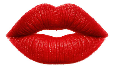 Bold red lips with a glossy texture are prominently displayed, highlighting their vibrant color and intricate details on transparent background.