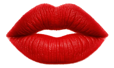 Bold red lips with a glossy texture are prominently displayed, highlighting their vibrant color and intricate details on transparent background.