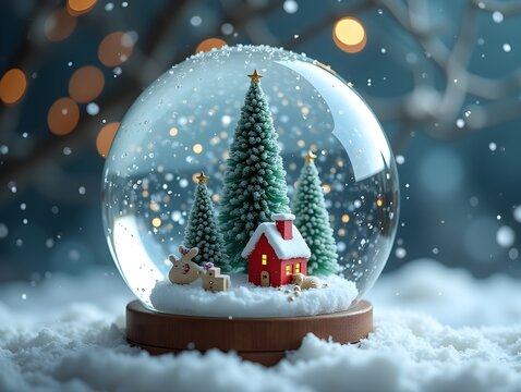 Snowy landscape inside decorative snowglobe. Concept of festive winter.