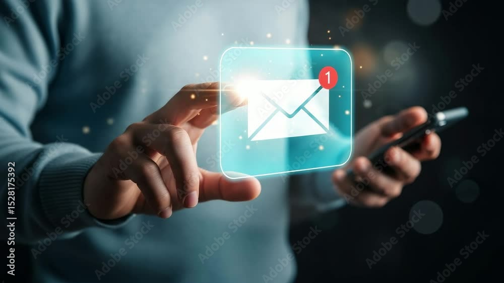 Poster person holding phone with email notification icon displayed on the screen in the foreground