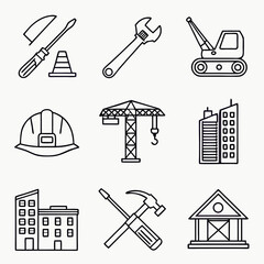 Line icon about construction. Contains icons such as architecture, workers, materials, equipment, and construction vehicles