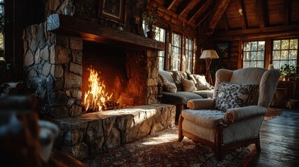 A cozy fireplace warms a rustic living room in a charming log cabin home.