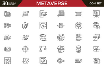 Metaverse line icon set. virtual reality, modern technologies, gadgets. Futuristic world, intelligence, technology, innovation, digital line icon set. UI thin line icon pack.