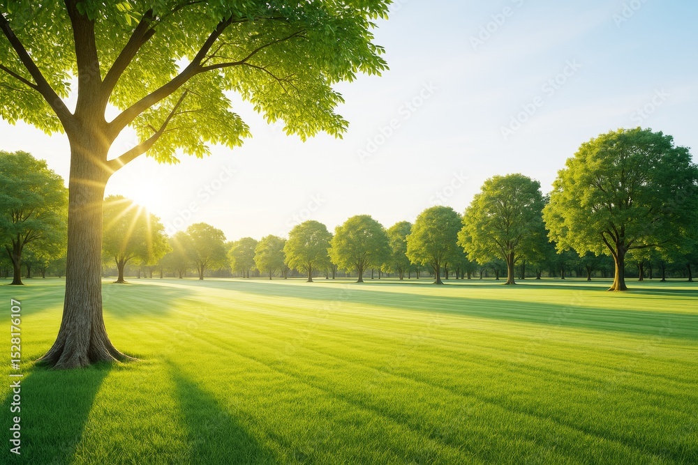 Aufkleber peaceful sunrise over green park landscape with rows of trees casting long shadows on a freshly mowe