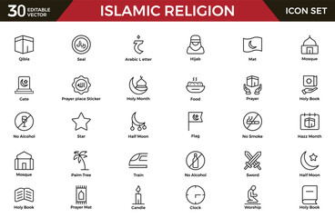 Islamic Icon Set. A beautifully crafted collection of icons reflecting Islamic culture and traditions, educational materials, apps, and websites, and Islamic community.