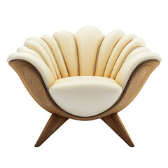 Unique shell-shaped armchair, elegant wooden frame, and comfortable off-white cushioned seat.  A statement piece for modern interior design.
