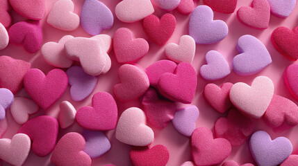 An overhead shot of many small pink purple and red textured hearts scattered on a pink background.