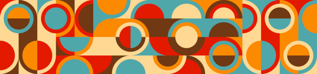 Seamless colorful geometric background in retro style of 60s and 70s, circles and squares in blue and orange. Abstract texture in trendy design.