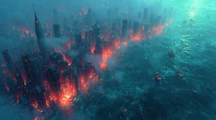 Futuristic cityscape glows brightly along turbulent ocean waters and foggy skies