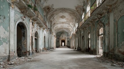 Fototapeta premium Elegant decaying hallway shows crumbling architecture and lost splendor.