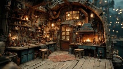 A steampunk workshop shows the inventor's workplace with tools and a fireplace