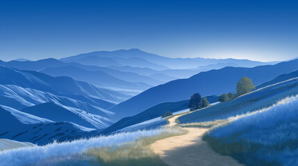 Obraz premium Rolling Mountain Landscape: Serene mountain landscape painted in hues of blue, with a winding pathway leading the eye through a sequence of rolling hills and peaks.