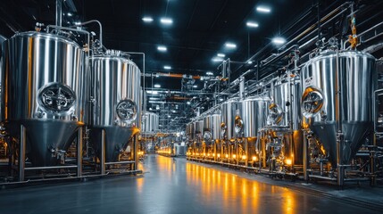 Large metal brewing tanks are seen in modern beer factory at night time.