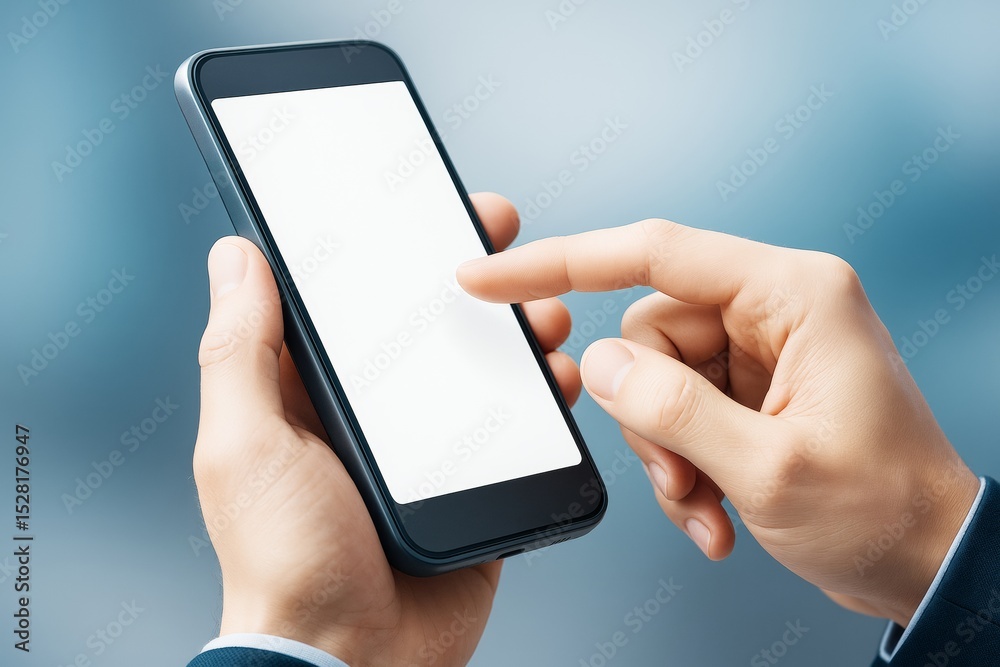 Poster Close-up of hand using smartphone with blank white screen on soft blue gradient background for technology or lifestyle concept. Ai generative.
