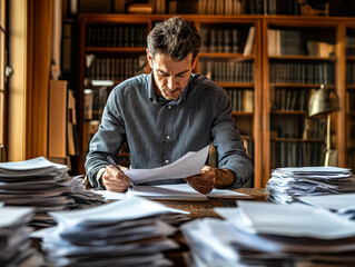 Man is sitting at a desk with a pile of papers in front of him. He is reading through the papers and he is focused on the task at hand