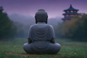 Fototapeta premium Serene Buddha statue in tranquil garden surrounded by misty trees and traditional pagoda reflecting inner peace and harmony captured under soft evening light captured with clarity